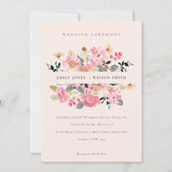 Small Blush Lively Pink Watercolor Floral Wedding Invite Front View