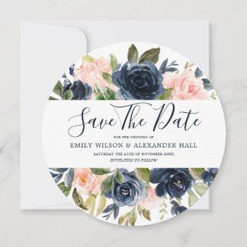 Small Blush & Navy Watercolor Florals Modern Wedding Save The Date Front View