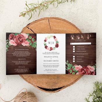 Small Blush Pink And Burgundy Floral Barn Wood Wedding Tri-fold Front View
