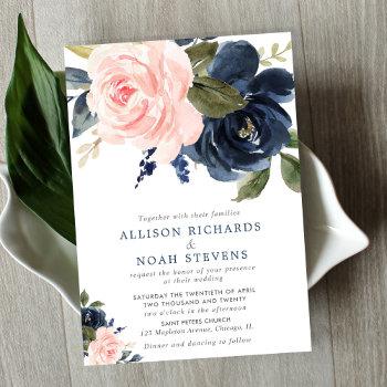 blush pink and navy blue rose boho wedding invitation