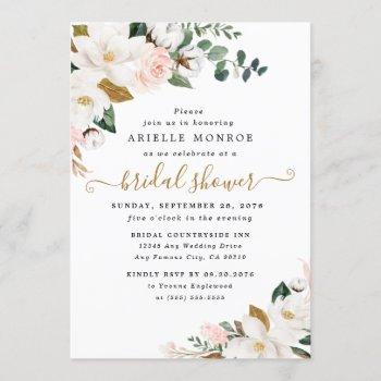 blush pink and white magnolia floral bridal shower invitation