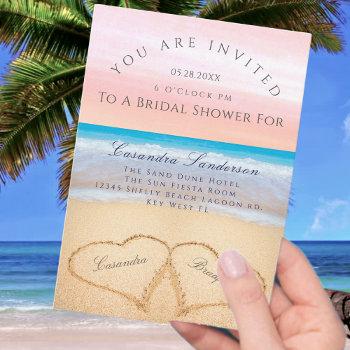 blush pink beach  2 hearts in sand bridal shower invitation