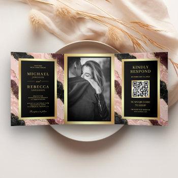 Small Blush Pink Black Gold Agate Marble Qr Code Wedding Tri-fold Front View