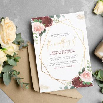 blush pink & burgundy floral gold greenery wedding invitation