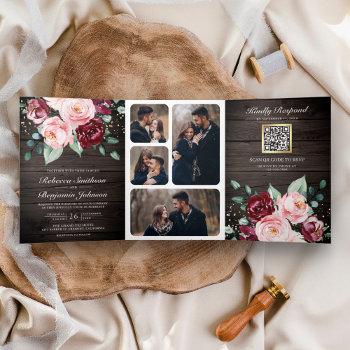 Small Blush Pink Burgundy Floral Qr Code Wood Wedding Tri-fold Front View