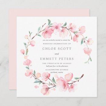 blush pink cherry blossom floral frame wedding invitation