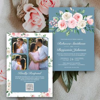 Small Blush Pink Floral Dusty Blue Qr Code Wedding Front View