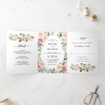 blush pink floral gold geometric botanical wedding tri-fold announcement