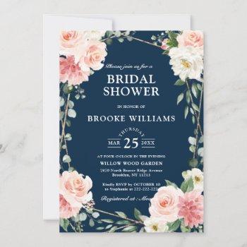 blush pink floral navy  geometric bridal shower invitation