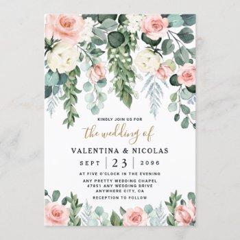 blush pink floral rose garden watercolor wedding invitation