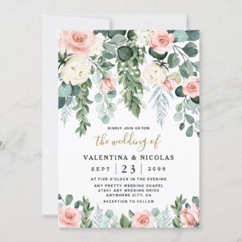 blush pink floral rose garden watercolor wedding invitation