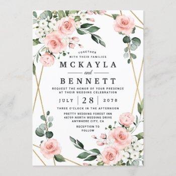 blush pink gold and white floral greenery wedding invitation