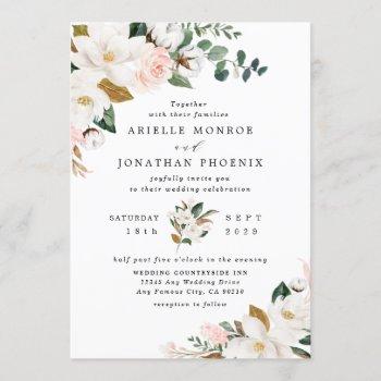 blush pink gold and white magnolia floral wedding invitation