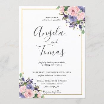 blush pink lavender purple floral greenery wedding invitation