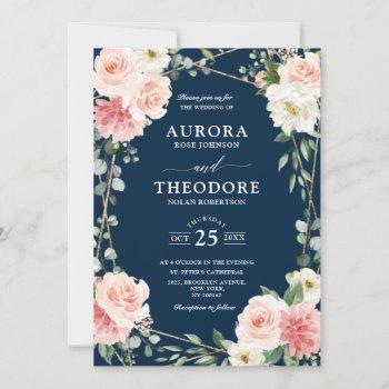 blush pink navy blue geometric botanical wedding invitation
