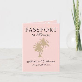 blush pink palm tree hawaii passport wedding invitation