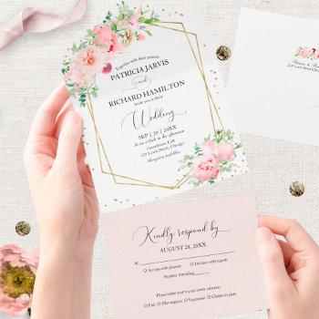blush pink peony floral geometric wedding all in one invitation