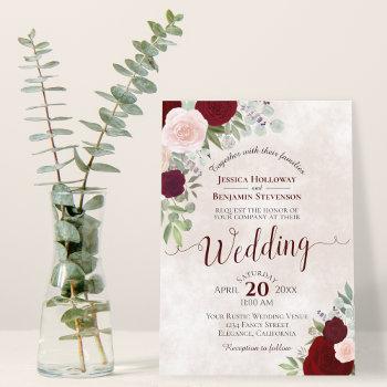 blush pink & red roses elegant boho wedding invitation