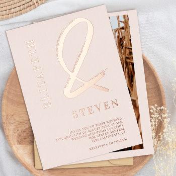 blush pink rose gold ampersand names photo wedding foil invitation