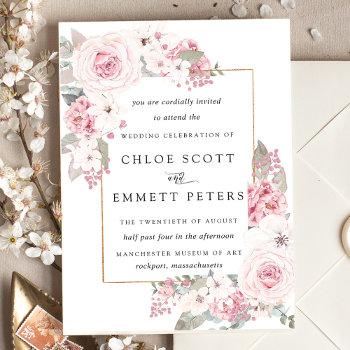 blush pink rose rustic floral wedding invitation