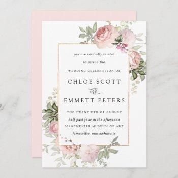 blush pink rose rustic floral wedding invitation