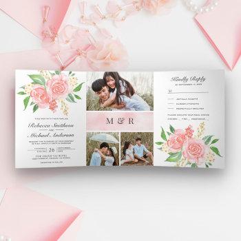 blush pink roses bouquet photo collage wedding tri-fold invitation