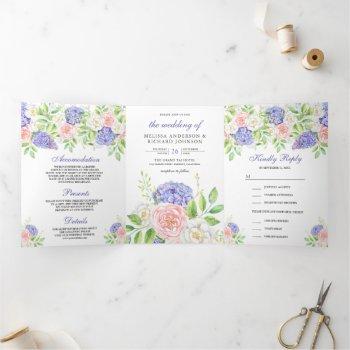 blush pink roses purple hydrangea floral wedding tri-fold invitation