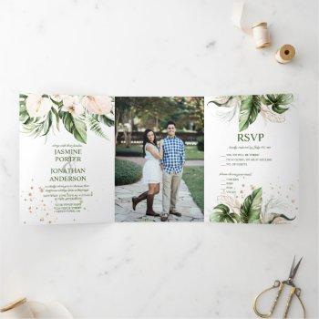 blush pink tropical greenery photo wedding  tri-fold invitation