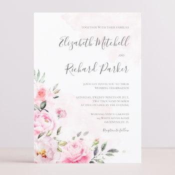 blush pink watercolor floral greenery wedding invitation