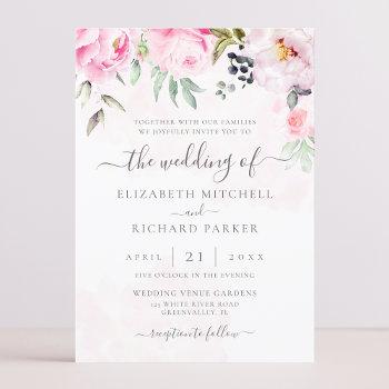 blush pink watercolor floral peony wedding invitation