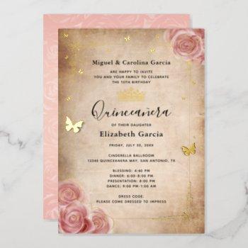 blush pink watercolor rose gold quinceañera foil invitation