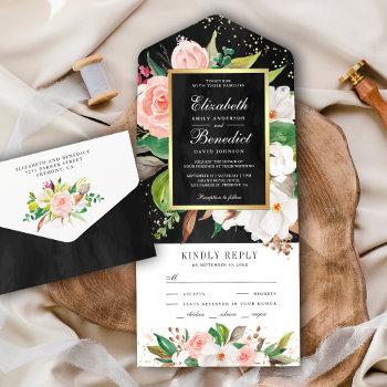 blush pink white magnolia floral black wedding all in one invitation