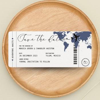 Small Boarding Pass Navy Blue Map Travel Save The Date Front View