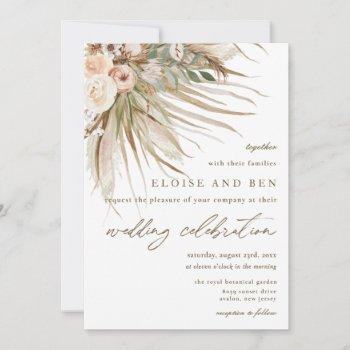 bohemian pampas grass earthy tones floral wedding  invitation