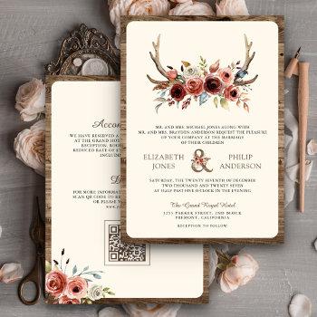 boho antlers terracotta floral qr code wedding invitation