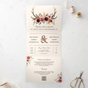 boho antlers terracotta floral qr code wedding tri-fold invitation