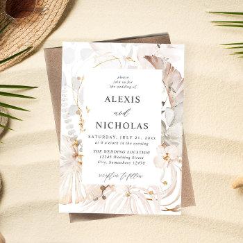 boho beach tropical beige floral wedding invitation