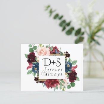 Small Boho Bloom | Burgundy Navy Monogram Save The Date Announcement Post Front View