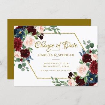 Small Boho Bloom | Burgundy Red And Blue Date Change Save The Date Front View