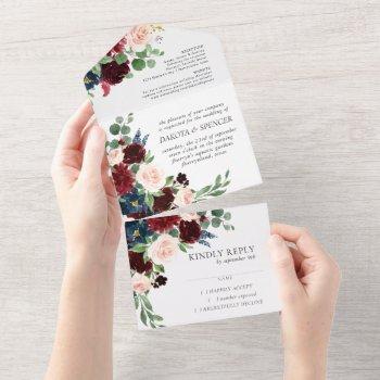 boho bloom | burgundy red and navy blue floral all in one invitation