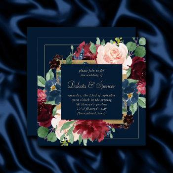 boho blooms | dark navy blue and burgundy wreath invitation