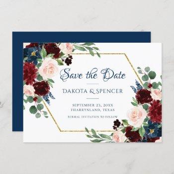 Small Boho Blooms | Rustic Navy And Burgundy Bouquet Save The Date Front View