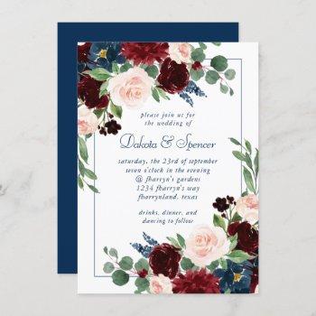 boho blooms | rustic navy blue and burgundy red invitation