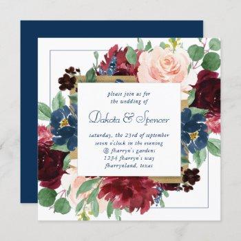 boho blooms | rustic navy blue and burgundy wreath invitation