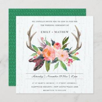 boho blush antler floral wooden country wedding invitation