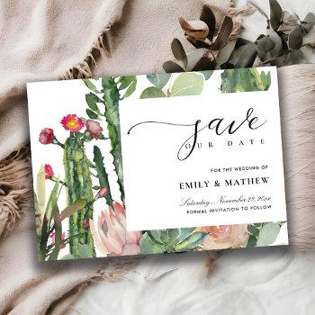 Small Boho Blush Pink Desert Cactus Floral Watercolor Save The Date Front View