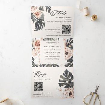 boho blush rust monstera floral 2 qr code wedding tri-fold invitation