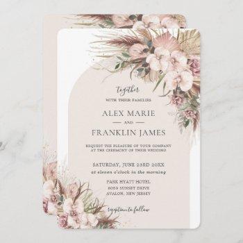 boho chic pampas grass orchid floral arch wedding invitation