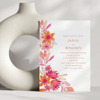 boho chic pink orange floral watercolor wedding invitation