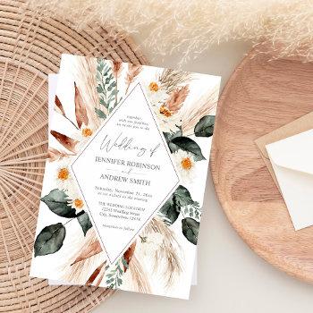 boho copper pampas grass & beige floral wedding invitation